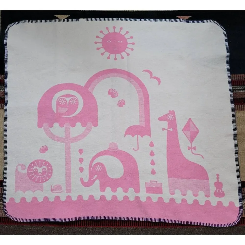 Two Jonathan Adler Junior Cotton‎ Flannel Animal Baby Child Blanket Pink White